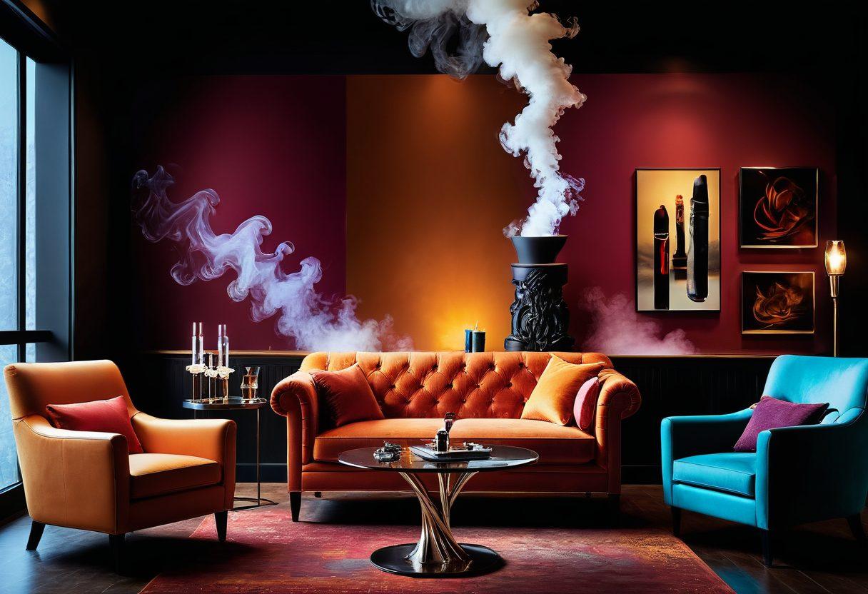 An artistic collage showcasing a premium cigar with smoke wafting gracefully, transitioning into a sleek e-cigarette emitting colorful vapor. The background features a luxurious lounge setting with plush chairs and ambient lighting. Include subtle details like elegant ashtrays and stylish accessories to enhance the smoking experience. super-realistic. vibrant colors. warm tones.