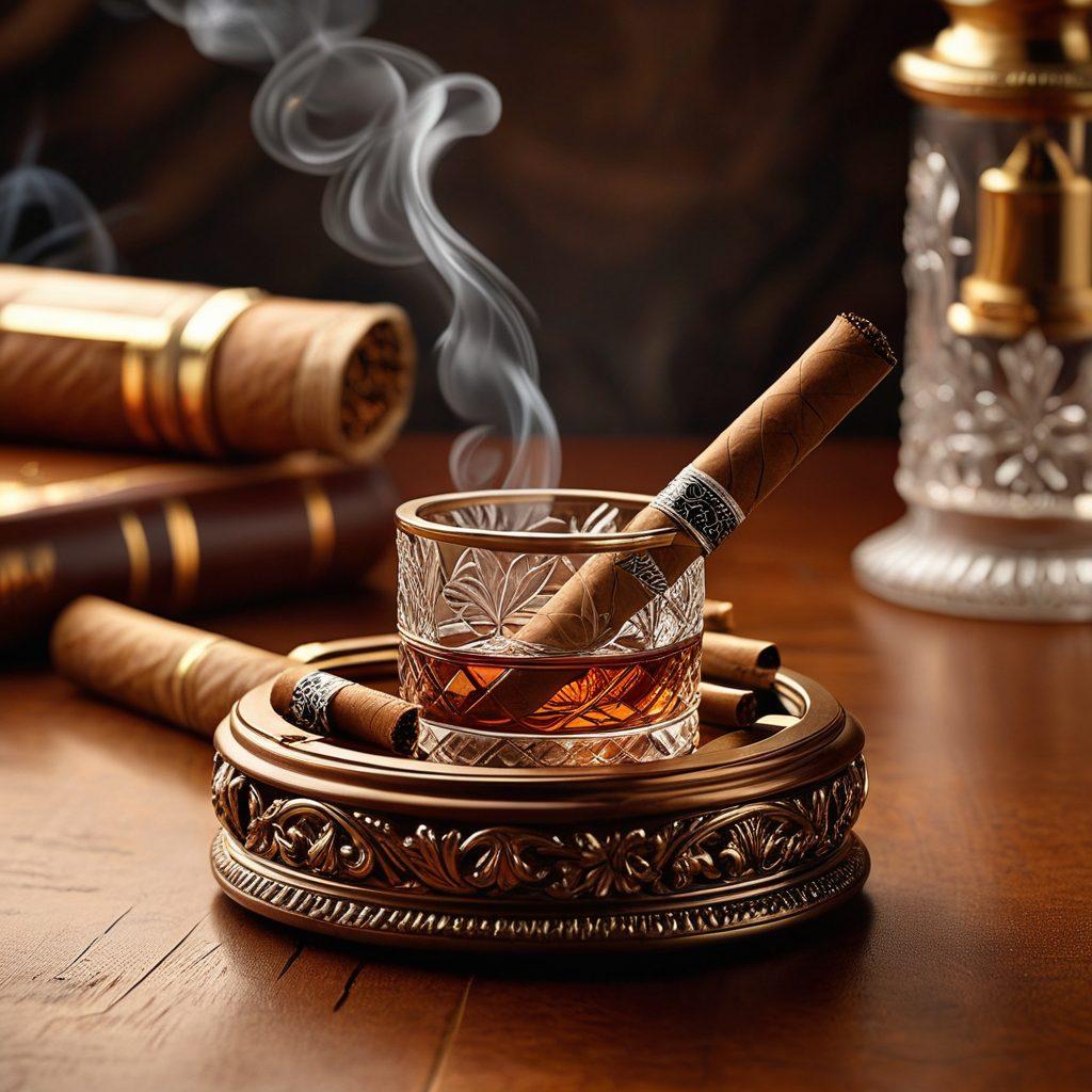 A luxurious tobacco experience featuring elegantly arranged high-quality tobacco leaves and sleek cigar accessories on a polished wooden surface. Soft lighting enhances the rich, warm colors of the tobacco, creating a sophisticated ambiance with subtle smoke wafting in the air. Include delicate touches like an ornate lighter and a crystal ashtray to emphasize refinement. The background should be a dark, opulent setting to highlight the elegance of the tobacco. super-realistic. warm tones. soft lighting.