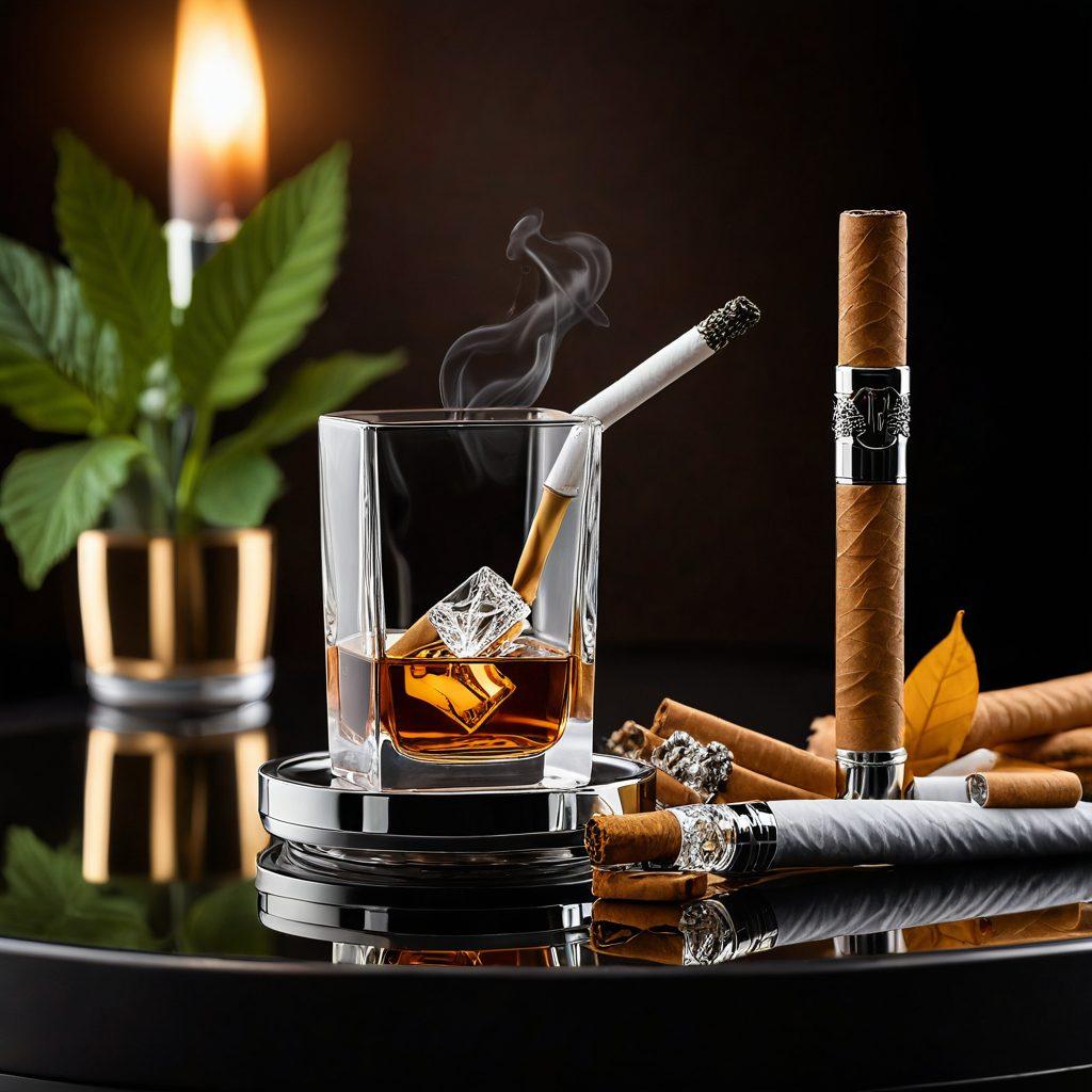A captivating still life featuring an elegant arrangement of premium cigarettes and modern vaping devices, adorned with rich tobacco leaves and glowing amber light. The background should be softly blurred to enhance focus on the products, with subtle hints of smoke curling in the air, evoking a sense of luxury and indulgence. The scene should include a stylish ashtray and a crystal glass, suggesting a sophisticated atmosphere. ultra-realistic. warm tones. elegant composition.